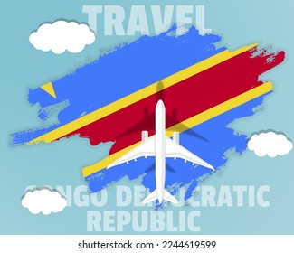 Traveling to Congo Democratic Republic, top view passenger plane on Congo Democratic Republic flag with clouds and weather, country tourism banner idea, vector design, brush splash