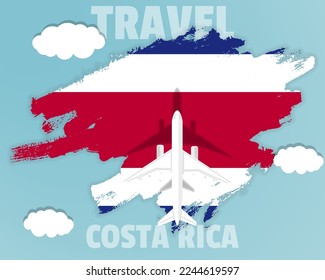 Viajando a Costa Rica, avión de pasajeros de primera vista en la bandera de Costa Rica con nubes y clima, idea de banner de turismo de país, diseño de vectores, salpicadura de cepillos