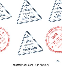 Traveling and country borderline crossing visa stamps or seals seamless pattern vector Customs service date and country destination journey airport departure procedure wallpaper print immigration