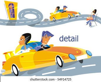 traveling couple in a convertible