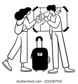 Traveling couple of people checking the map. Illustration of travelers with a suitcase.