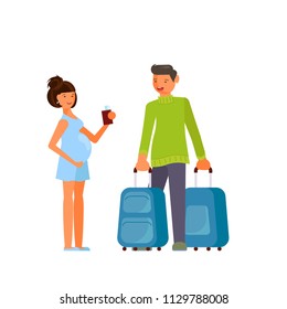 Traveling couple of young people in cartoon style. Man and pregnant woman with luggage at the airport. Vector illustration eps10