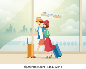 Traveling couple of young people. Man and woman with luggage are go in the airport building. Vector illustration in cartoon style.