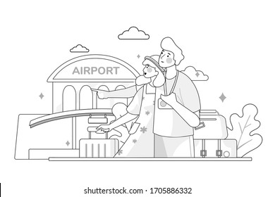 Traveling couple of young people. Man and woman with luggage are go in the airport building.