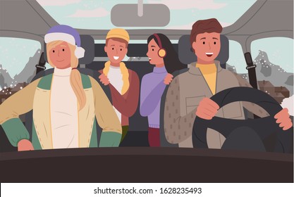 Traveling couples in cars, people on vacation. Man and woman on winter road trip. Group of friends going on resort together. Passengers ready to explore new places and celebrate holidays vector