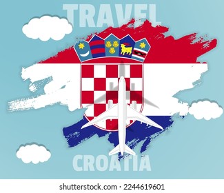 Traveling to Croatia, top view passenger plane on Croatia flag with clouds and weather, country tourism banner idea, vector design, brush splash
