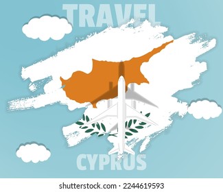 Traveling to Cyprus, top view passenger plane on Cyprus flag with clouds and weather, country tourism banner idea, vector design, brush splash