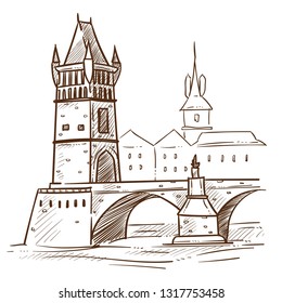 Traveling Czech Republic bridge cityscape old architecture vector sketch tower near river landscape and view