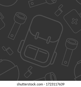 Traveling dark seamless pattern. Ornament with outline backpack, flashlight, lighter, boiler and first aid kit. Vector illustration for banner, flyer, textile, wrapping paper, packaging, scrapbook