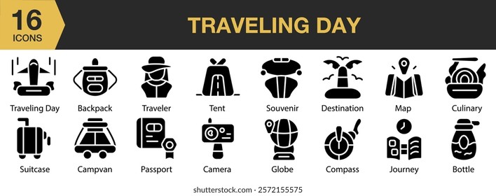 Traveling Day solid icon set. Includes travel, vacation, journey, holiday, transport, trip, and More. Solid icons vector collection.