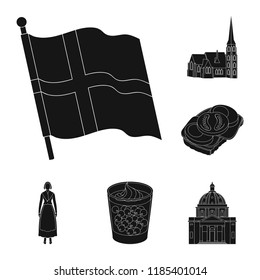 Traveling in Denmark black icons in set collection for design. Denmark and attractions vector symbol stock web illustration.