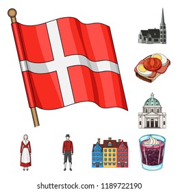 Traveling in Denmark cartoon icons in set collection for design. Denmark and attractions vector symbol stock web illustration.