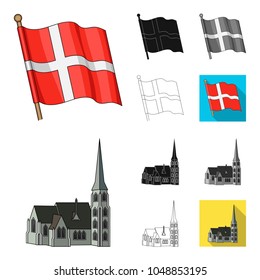 Traveling in Denmark cartoon,black,flat,monochrome,outline icons in set collection for design. Denmark and attractions vector symbol stock web illustration.