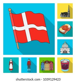 Traveling in Denmark flat icons in set collection for design. Denmark and attractions vector symbol stock web illustration.
