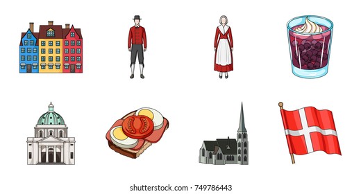 Traveling in Denmark icons in set collection for design. Denmark and attractions vector symbol stock web illustration.