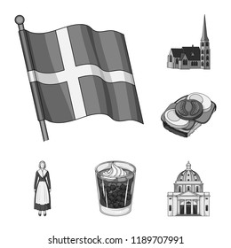 Traveling in Denmark monochrome icons in set collection for design. Denmark and attractions vector symbol stock web illustration.