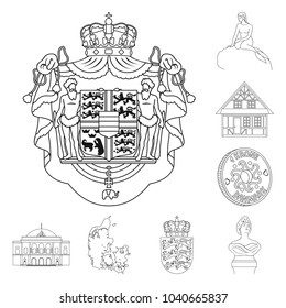 Traveling in Denmark outline icons in set collection for design. Denmark and attractions vector symbol stock web illustration.