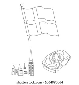 Traveling in Denmark outline icons in set collection for design. Denmark and attractions vector symbol stock web illustration.