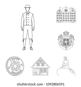 Traveling in Denmark outline icons in set collection for design. Denmark and attractions vector symbol stock web illustration.