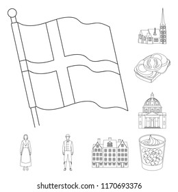 Traveling in Denmark outline icons in set collection for design. Denmark and attractions vector symbol stock web illustration.
