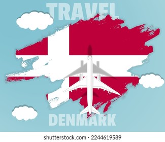 Traveling to Denmark, top view passenger plane on Denmark flag with clouds and weather, country tourism banner idea, vector design, brush splash