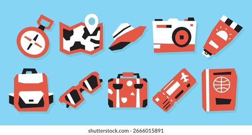 Traveling Design Element with Red, Black and White Color Theme in Cutout Style