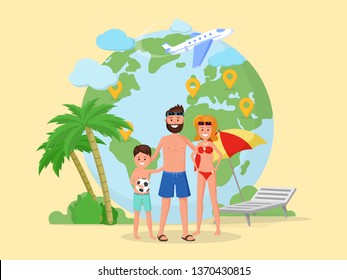 Traveling destination flat vector illustration. Around world tour, trip, travel agency illustration. Pointer marks on planet Earth globe, happy holidaymakers family characters on summer vacation