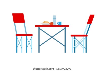 Traveling dishware on red table, couple of chairs, side view of picnic place. Table served by meal in plate, thermos and cup, tourism or trip vector