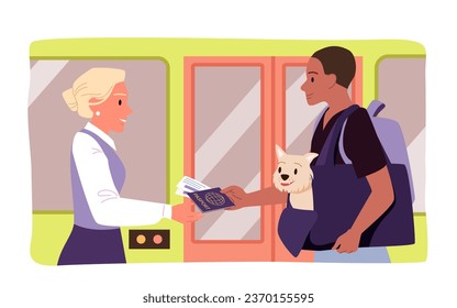Traveling with dog by train, bus vector illustration. Cartoon man and dog in bag carrier travel, male passenger character giving tickets for him and pet in luggage to female conductor at checkpoint
