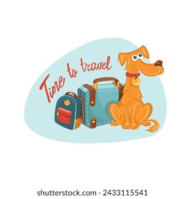 Traveling with a dog, cute pet with travel bag. A puppy is waiting for a flight abroad, a support or therapy animal for a traveler on airplanes. Vector illustration in flat style.