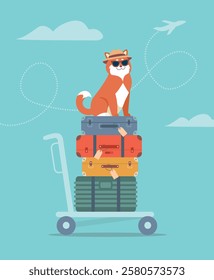 Traveling Dog with Suitcases on Luggage Cart, Vacation Adventure. Flat vector illustration