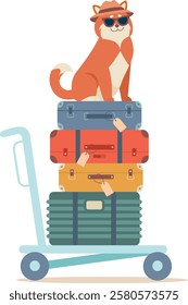 Traveling Dog with Suitcases on Luggage Cart, Vacation Adventure. Isolated Flat vector illustration