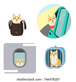 Traveling with dogs. Vector illustration of dog in a bag, in pet cage, carriage of dogs on aircraft and car.