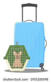 Viajando con animales domésticos. Maleta y portadora para un perro. Feliz perro・en una bolsa de transporte. Ilustración del vector aislada en fondo blanco