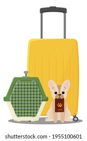 Viajando con animales domésticos. Maleta y portadora para un perro. Un perro con pasaporte veterinario. Ilustración del vector aislada en fondo blanco