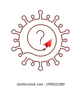 Traveling during coronavirus, COVID-19, global pandemic concept. Paper airplane, virus outline and question mark symbol.