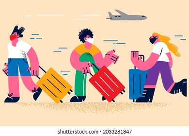 Traveling during coronavirus pandemic concept. Group of people in protective medical masks walking with luggage in airport building waiting for departure vector illustration 