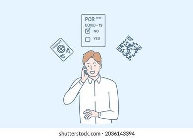 Traveling during covid-19 pandemic concept. Young smiling businessman standing smiling talking on phone having negative coronavirus test for business trip vector illustration 