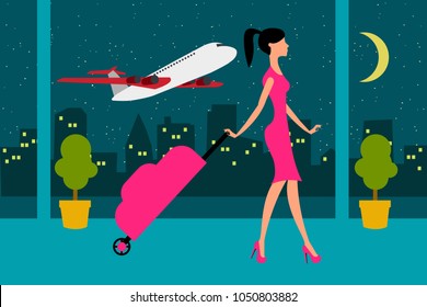 Traveling during the night, night time flight. Picture of woman in pink with baggage walking in dark airport with plane flying on background. Eps vector illustration, horizontal image, flat design 