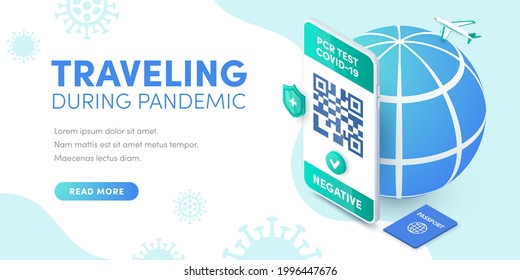Traveling during pandemic isometric banner. Negative coronavirus pcr test certificate QR code on smartphone screen vector concept. 3D Electronic Covid-19 Health Passport app for safe world travel.