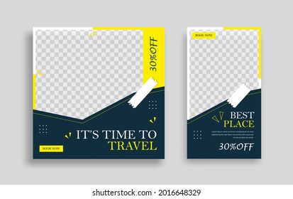 Traveling Editable minimal square banner template with geometric shapes for social media post, story and web internet ads. Vector illustration