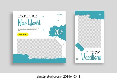 Traveling Editable minimal square banner template with geometric shapes for social media post, story and web internet ads. Vector illustration
