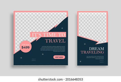 Viajar Plantilla mínima de banner cuadrado editable con formas geométricas para publicaciones en medios sociales, historias y anuncios en Internet. Ilustración del vector