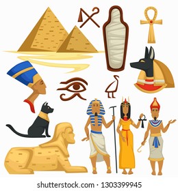 Viajar por Egipto símbolos Pirámides y esfinges cultura egipcia vectores de faraón y los símbolos del alfabeto Cleopatra y momia Anubis dios y cruz de copto de gato negro y Tumba de hombre y mujer realeza de los ojos del Horus.