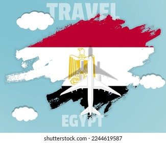 Traveling to Egypt, top view passenger plane on Egypt flag with clouds and weather, country tourism banner idea, vector design, brush splash