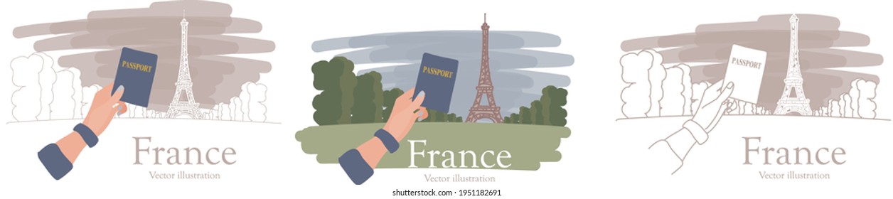 Traveling at the Eiffel Tower in France, holding a passport and enjoying life. Hand drawn drawing. Vector line illustration