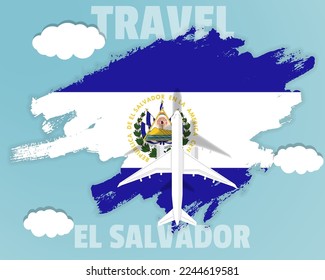 Traveling to El Salvador, top view passenger plane on El Salvador flag with clouds and weather, country tourism banner idea, vector design, brush splash