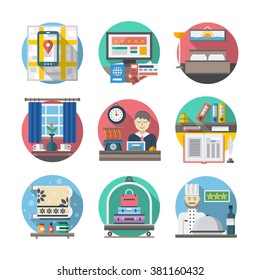 Traveling elements. Hotel services. Internet booking, rooms, restaurant. Colorful round flat vector icons collection. Web design elements for business, site, mobile app. 