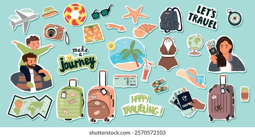 Traveling elements set isolated on white. Family tourists, suitcases and backpack, map, summer clothes, passport, tickets, plane. Vector objects with cut out shapes for collage. Flat color style.