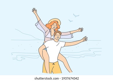 Traveling, enjoying vacations together, couple concept. Happy couple cartoon characters having fun together on seaside on beach during trip vector illustration 